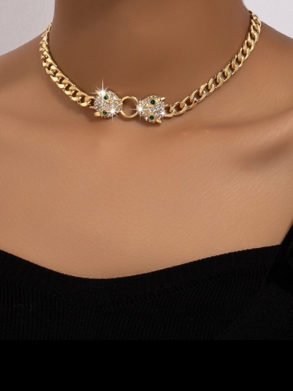 Gold Crystal Cat Head Chain Choker Necklace - Women Jewelry